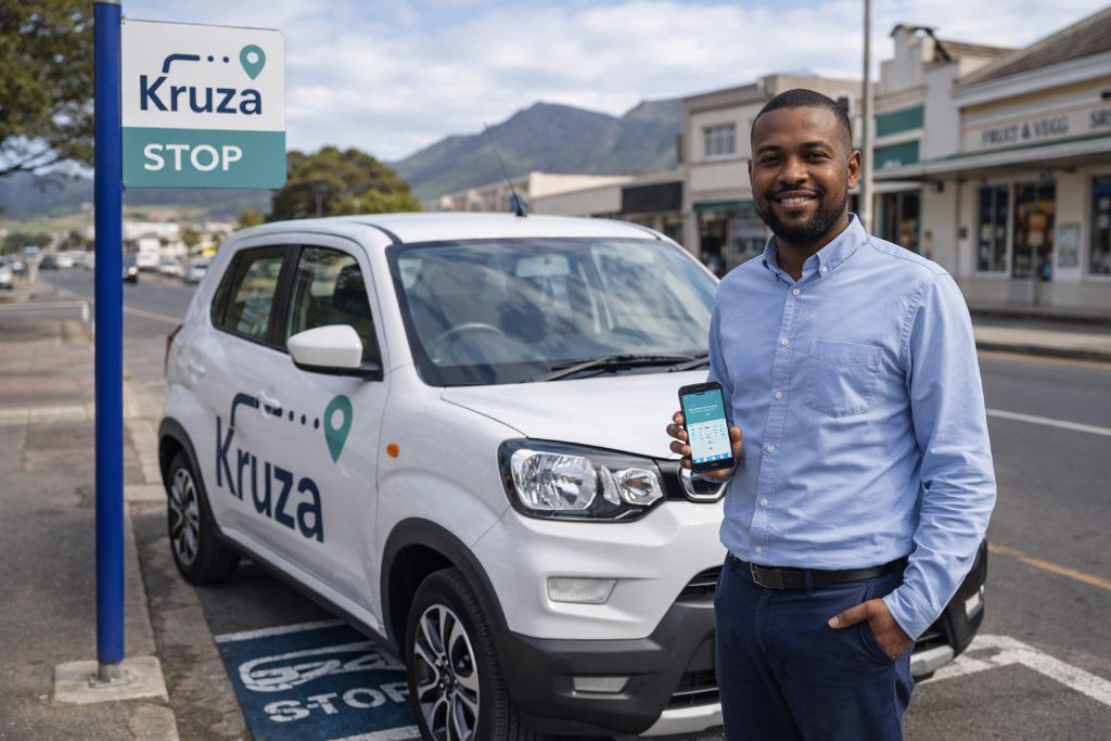 A Kruza driver beside a branded car at a Kruza stop