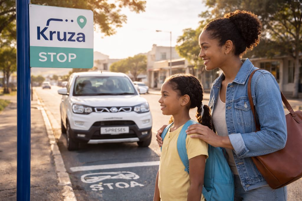 A rider and a child waiting at a Kruza stop as a branded car arrives